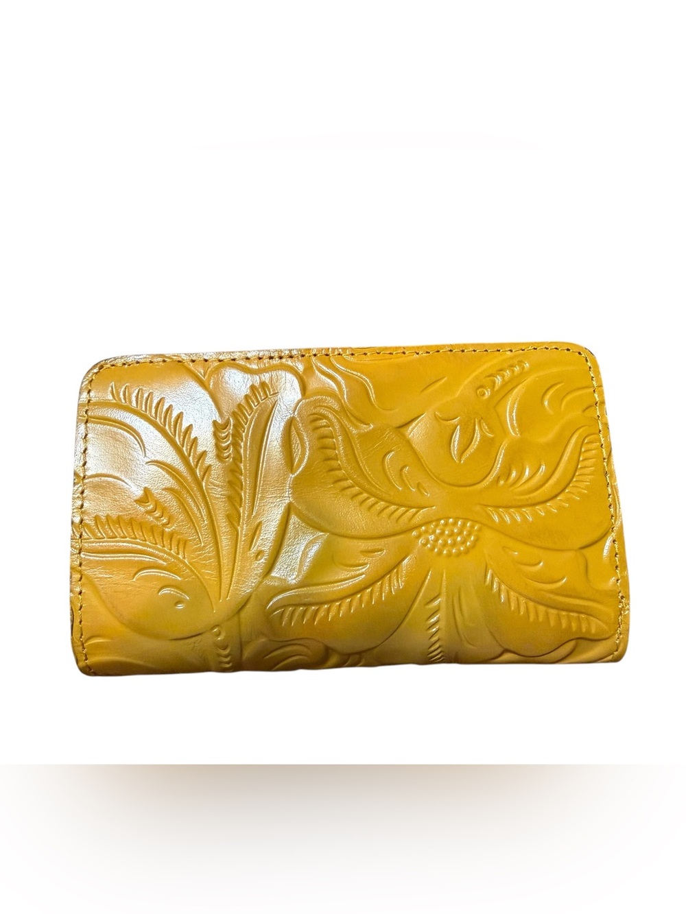 Patricia Nash Tooled Leather Mustard Yellow RFID Bifold Zip Wallet Floral Card